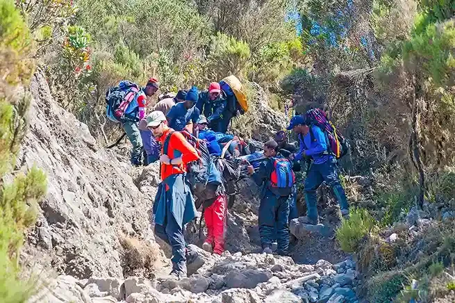 Emergency Procedures on Kilimanjaro Trekker receiving emergency care on Mount Kilimanjaro