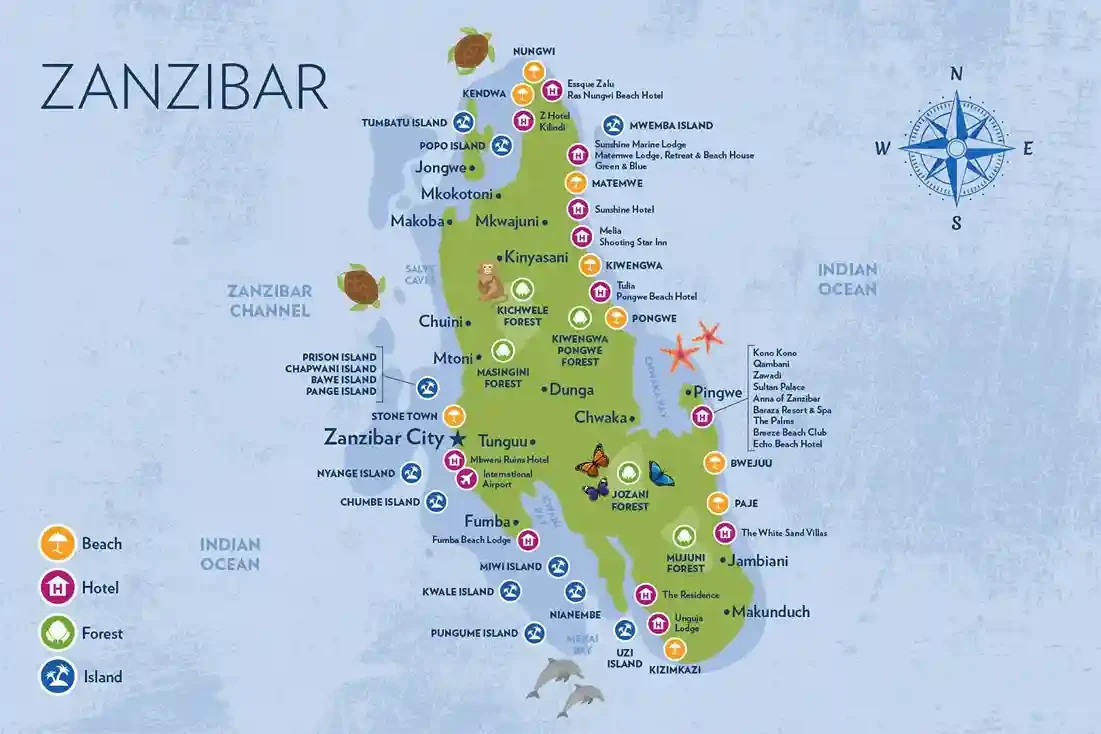 Carte des plages de Zanzibar