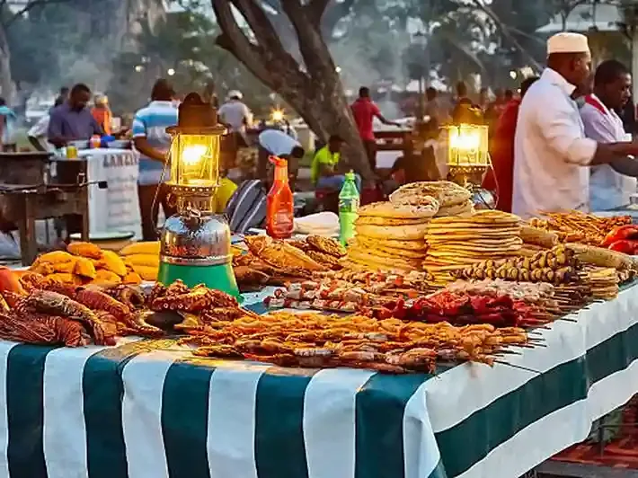Vibrant Zanzibar food scene with colorful dishes and spices